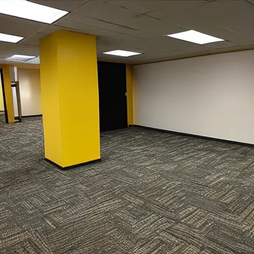 Prompt: photo of a scary entity in the backrooms, mono - yellow old moist carpet randomly connected infinite empty office space