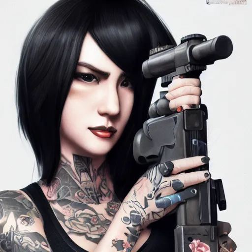 Prompt: a woman with black hair and tattoos holding a gun, a character portrait by Shinji Aramaki, cgsociety, shock art, uhd image, official art, redshift