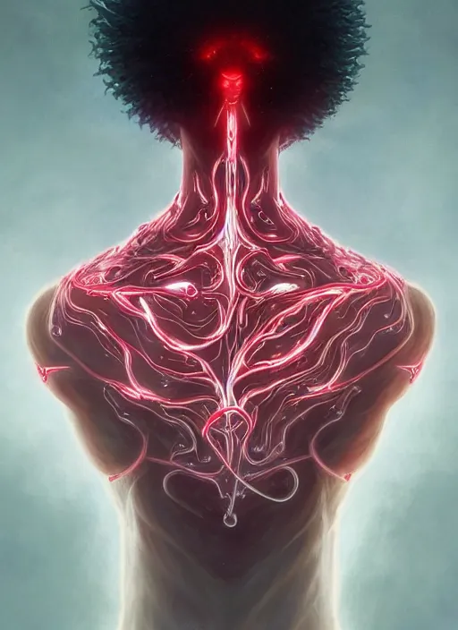 Image similar to cthonic resonance, red and white fractal glowing eyes, genetically augmented pale white young man with circular nodes sticking out from behind his neck, soft curly blonde hair, fantasy, extremely detailed, digital painting, artstation, concept art, smooth, sharp focus, illustration, stunning lighting, art by artgerm and greg rutkowski and alphonse mucha and simon stalenhag, realistic character concept, high fantasy, dark atmosphere, golden ratio, cinematic lighting, hyperdetailed, high resolution, insanely detailed and intricate, artstation, Marc Simonetti, Greg Rutkowski, 8k