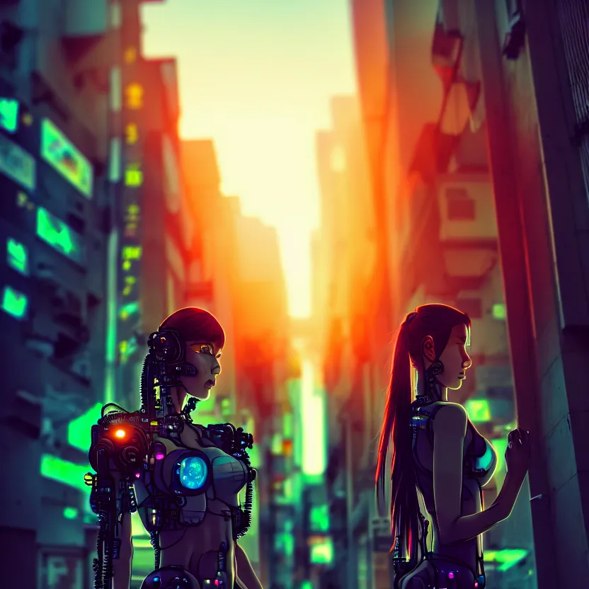 Image similar to a photo close up cyberpunk cyborg girl stands in a cyberpunk hiroshima, prefecture streets, sunset, photorealistic, cinematic lighting, very detailed, style by tomino - sama