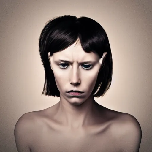 Image similar to optical illusion uncommunicative portrait of a sad lady 3 7 years old, with atmosphere