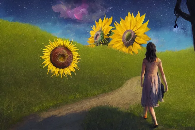 Image similar to giant sunflower as a face, girl walking between old trees, hills, surreal photography, dark night, star trails, dramatic light, impressionist painting, clouds, digital painting, artstation, simon stalenhag