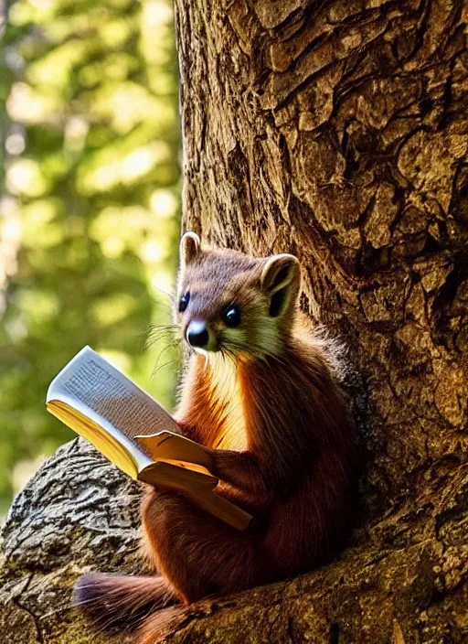 Prompt: a beautiful scene from a 2 0 2 2 fantasy film featuring a humanoid pine marten with golden eyes wearing a loose white tunic reading on a couch. an anthropomorphic pine marten. golden hour.