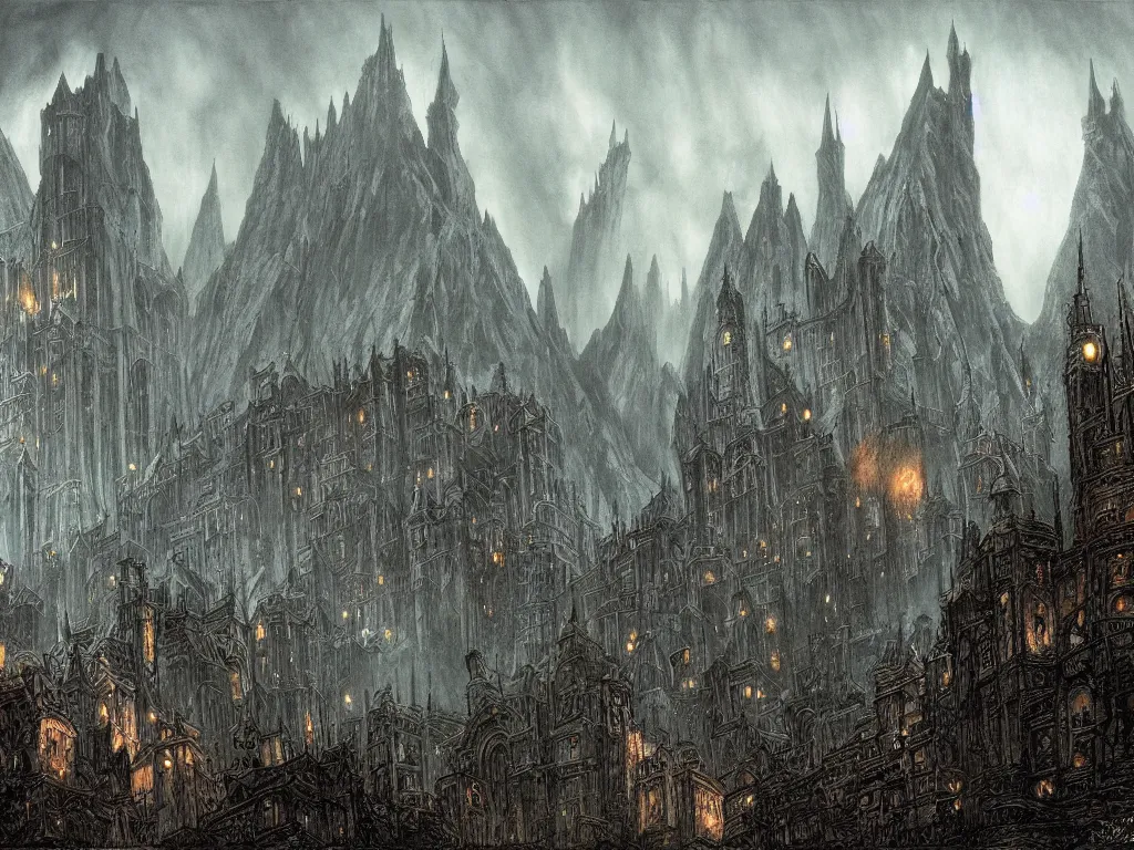 Prompt: the city of minas morgul, gloomy palace, agressive architecture, dead vegitation, atmosphere, spectacular details, dramatic lighting, epic composition, wide angle, low angle, by john howe, by alan lee, lord of the rings