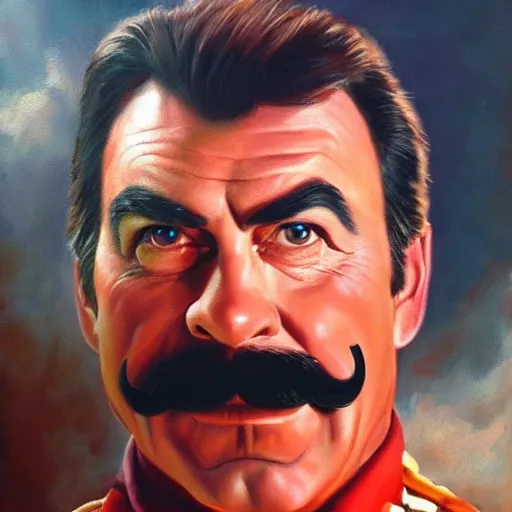 Prompt: ultra realistic portrait painting of tom selleck as super mario, art by frank frazetta, 4 k, ultra realistic, highly detailed, epic lighting