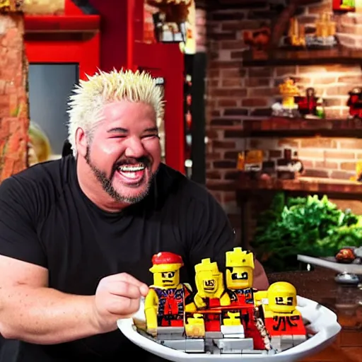 Prompt: guy fieri smiling ear to ear after making a lego food dish