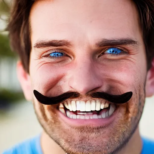 Prompt: 8k highly detailed selfie photo of the most deliriously happy man, super big smile, really really happy, blue eyes, brown hair, mustache, symmetrical face, handsome,