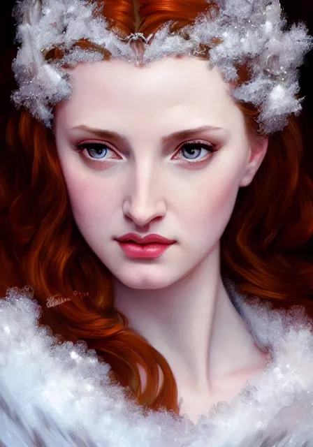 Image similar to sansa angeline jolie gessica chastain cold frozen snow ice winter, intricate, elegant, highly detailed, digital painting, artstation, concept art, smooth, sharp focus, illustration, art by artgerm and greg rutkowski and alphonse mucha and william - adolphe bouguereau