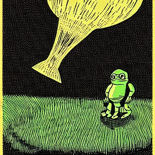 Prompt: ufo abducting pepe the frog in pasture. 1 0 0 0 mm, precisionist, minimalist, studio lighting. commercial quality. sci fi grunge, parts by patrick nagel, parts by virgil finlay