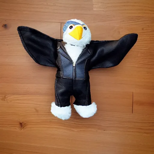 Image similar to a bald eagle wearing a leather jacket as a plush toy