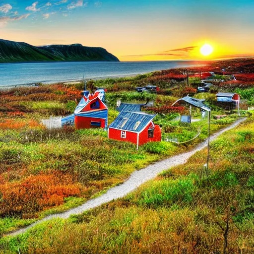 Image similar to overgrown norwegian village at the coast, sunset, arctic, beautiful, impressionist art