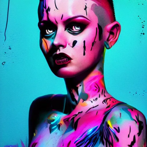 Prompt: splashes of neon magic, mowhawk, punk women portrait made out of paint, trending on artstation, epic composition, emotional, beautiful, rendered in octane, highly detailed, realistic, tim burton comic book art, sharp focus, unreal engine