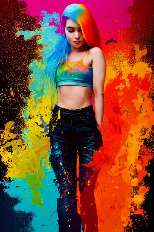 Image similar to a award winning half body portrait of a beautiful woman in a croptop and cargo pants with ombre red orange yellow hairstyle with head in motion and hair flying, paint splashes, splatter, outrun, vaporware, shaded flat illustration, digital art, trending on artstation, highly detailed, fine detail, intricate