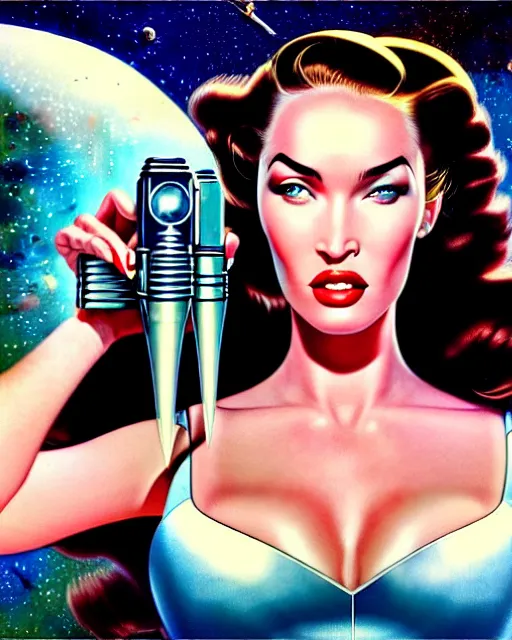 Prompt: closeup beautiful retro space megan fox varga girl holding a ray gun, posing on a chrome space ship in diesel punk city, windblown dark hair, retro pinup model, seductive, 1 9 4 0, hyper detailed, digital art, smooth, sharp focus, gil elvgren, anna dittmann,