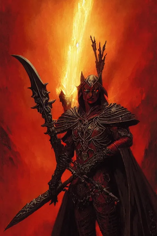 Image similar to vampire elf in impressive stone armor with red glowing eyes, holding a demonic spear that glows with red energy portrait dnd, painting by gaston bussiere, craig mullins, greg rutkowski, yoji shinkawa