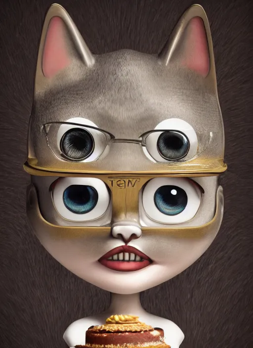 Image similar to closeup face profile portrait of a tin toy cat eating cakes, depth of field, zeiss lens, detailed, symmetrical, centered, fashion photoshoot, by nicoletta ceccoli, mark ryden, lostfish, breathtaking, 8 k resolution, extremely detailed, beautiful, establishing shot, artistic, hyperrealistic, octane render