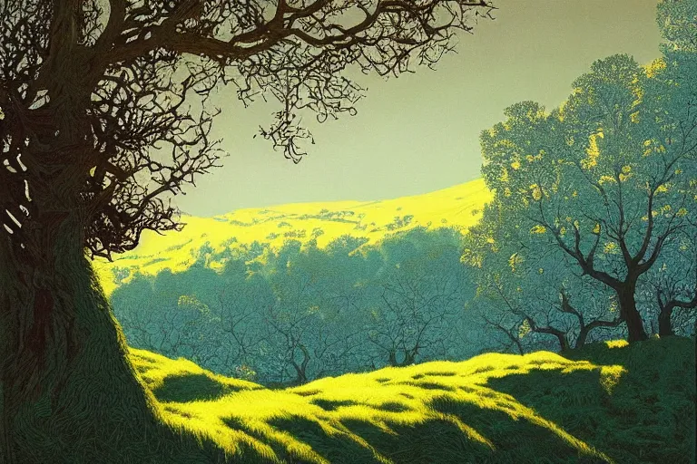 Image similar to masterpiece painting of oak trees on a hillside overlooking a creek, dramatic lighting, by victo ngai