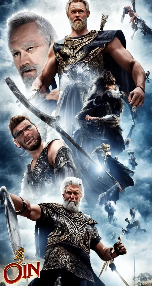 Prompt: Odin vs Zeus movie poster