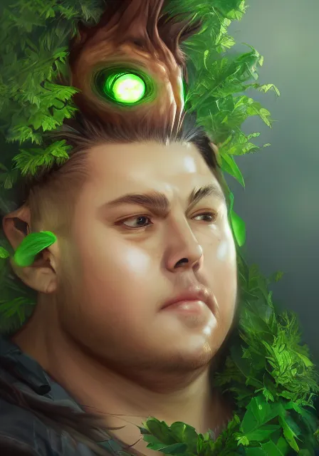 Image similar to A realistic anime portrait of a handsome fat dryad with glowing green eyes and tree bark skin wearing clothes made of leaves, digital painting, by Stanley Artgerm Lau, Sakimichan, WLOP and Rossdraws, digtial painting, trending on ArtStation, SFW version