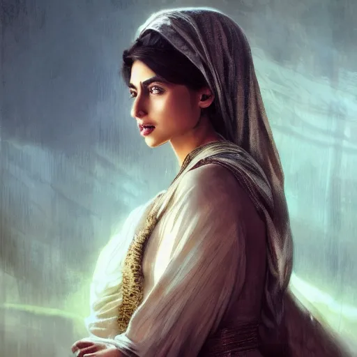 Prompt: a Photorealistic dramatic hyperrealistic render of an arab ameera al taweel, green tan skin, eyes, brown hair, white veil, with a pet lion by WLOP,Artgerm,Greg Rutkowski,Alphonse Mucha, Beautiful dynamic dramatic dark moody lighting,shadows,cinematic atmosphere,Artstation,concept design art,Octane render,8K