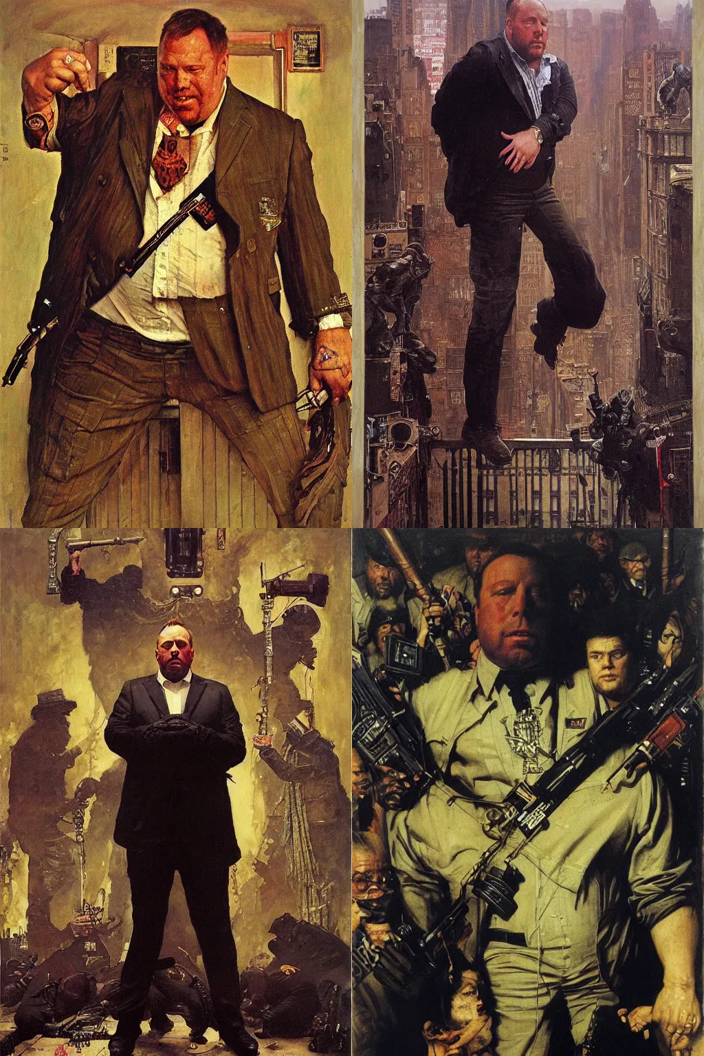 Prompt: full length portrait of huge giant alex jones of infowars dressed as gangster, new york, painted by lawrence alma tadema, zdzislaw beksinski, norman rockwell, jack kirby, tom lovell, greg staples