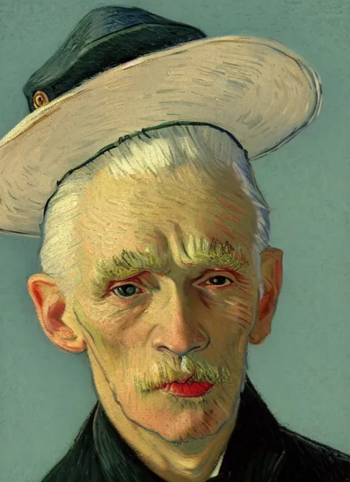 Prompt: portrait of a very old sailor with white hair and captain's hat, asleep, detailed realism face in painting, detailed beautiful portrait, expressionist oil painting masterpiece, 8 k resolution, smooth, sharp focus, pastel color palette, trending on artstation, by van gogh