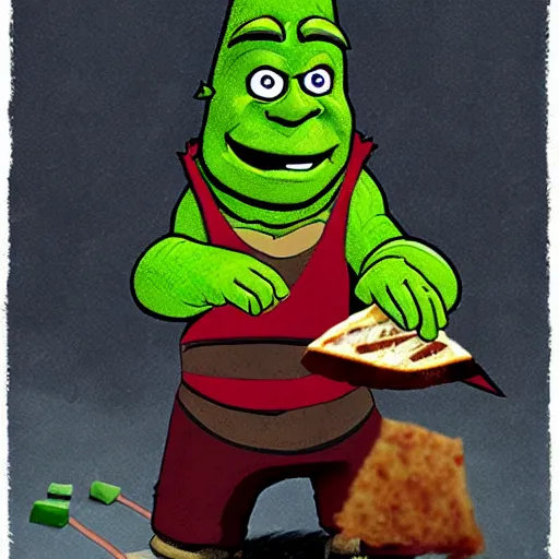 Image similar to Pyramid head shrek trying to eat a sandwich