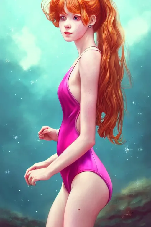 Image similar to beautiful full body portrait of a ginger woman in pigtails, wearing a sparkling pink one piece swimsuit with giant! dragonfly wings, by wlop and artgerm, steampunk! fiction, detailed eyes, starry background, trending, on artstation.