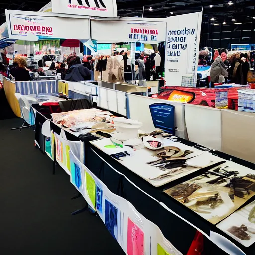 Prompt: a photo of a market stall at a trade show in the style of the film'minority report'taken from a distance, dslr