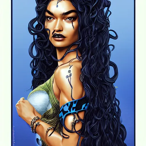 Image similar to Shanina Shaik as Medusa, snakes for hair, highly detailed, digital painting, artstation, concept art, smooth, sharp focus, illustration, art by Chris Achilleos and artgerm, in the style of Medusa (1988) by Chris Achilleos and crooks and castles.