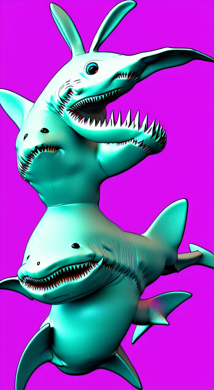 Prompt: a detailed 3d render of a bunny disguised as a shark in the style of junji ito and moebius, rainbow color scheme, ornate, photosynthetic,8k,award winning art,