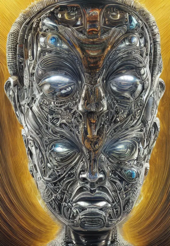 Image similar to perfectly centered portrait, front view of a beautiful biomechanical alien android robot buddha, female, flowing hair, intense stare, sarcastic smile, symmetrical, concept art, intricate detail, volumetric shadows and lighting, realistic oil painting by alex grey and gustave dore,
