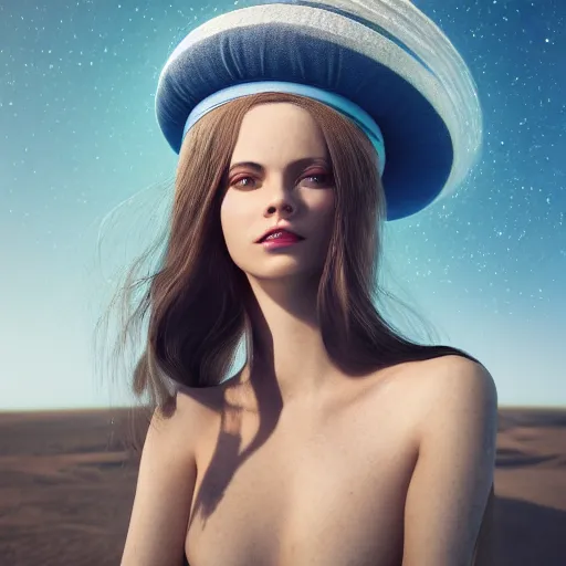 Image similar to a portrait of a beautiful woman standing by a space ship by tim walker, long hair, aged 2 5, swedish, wearing a travel hat, photo realistic, real life, photograph, 3 5 mm, octane render, trending on artstation