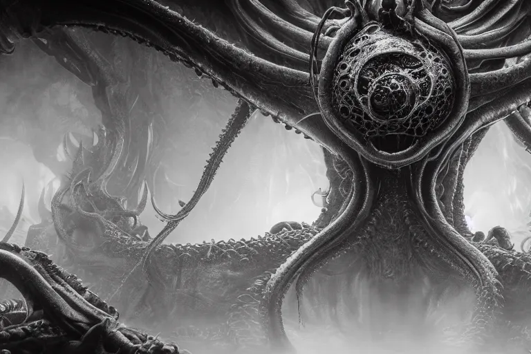 Image similar to ultra realist 3D render of the world of Lovecraft Elden Ring and Giger, gigantic oily tentacles and eyes, very intricate details, ultra dense fog, golden ratio, volumetric black and white lighting, reflections, refractions, symmetry accurate anatomy features, artstation, octane render