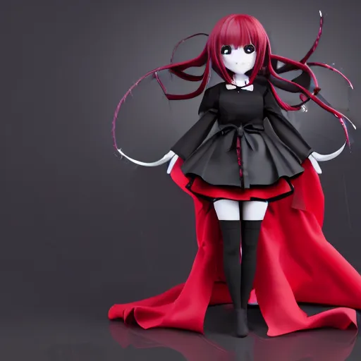 Prompt: cute fumo plush of a gothic maiden in a dark black uniform with a red cape, laces and ribbons, cel shading, anime girl, vray, symmetry