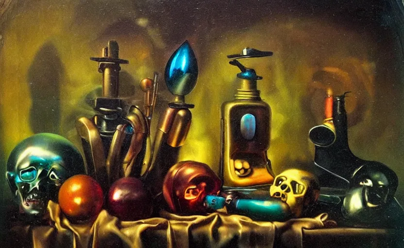 Image similar to disturbing colorful oil painting dark background dutch golden age vanitas still life futuristic sci fi beautiful composition with shiny smooth objects strange lights shiny metal reflections moody lights rachel ruysch dali todd schorr very detailed perfect composition rule of thirds masterpiece canon 5 0 mm, cinematic lighting, photography, retro, film, kodachrome