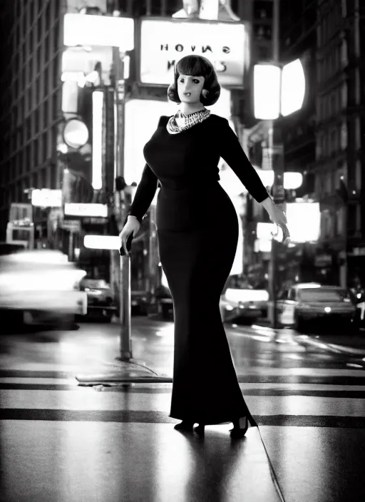 Image similar to a hyper realistic and detailed head portrait photography of a joan holloway, curvy, of mad men on madison avenue, new york city. by annie leibovitz. noir style. cinematic. neon lights glow in the background. ilford hp 5 4 0 0, canon eos c 3 0 0, ƒ 1. 8, 3 5 mm, 8 k, medium - format print