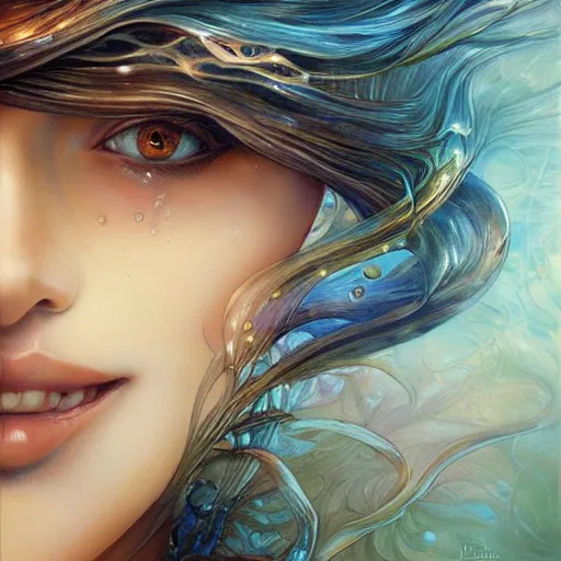 Prompt: a beautiful anemone manipulating water by karol bak, ayami kojima, artgerm, river, water, blue eyes, smile, concept art, fantasy