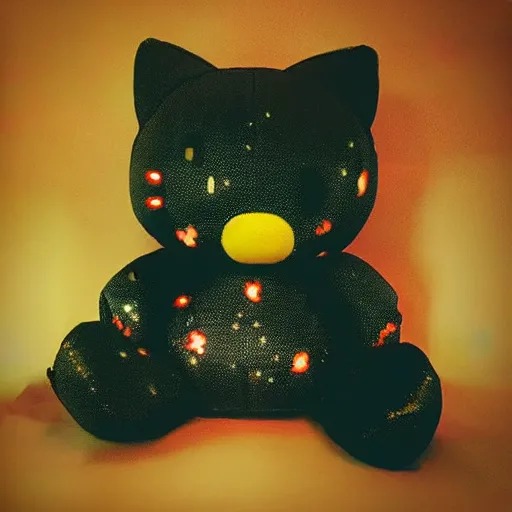 Prompt: “burning flaming hello kitty plush doll falling from the night sky, explosion burning glowing particles everywhere raining down from dark black sky into a dark cornfield. Flash photo.”