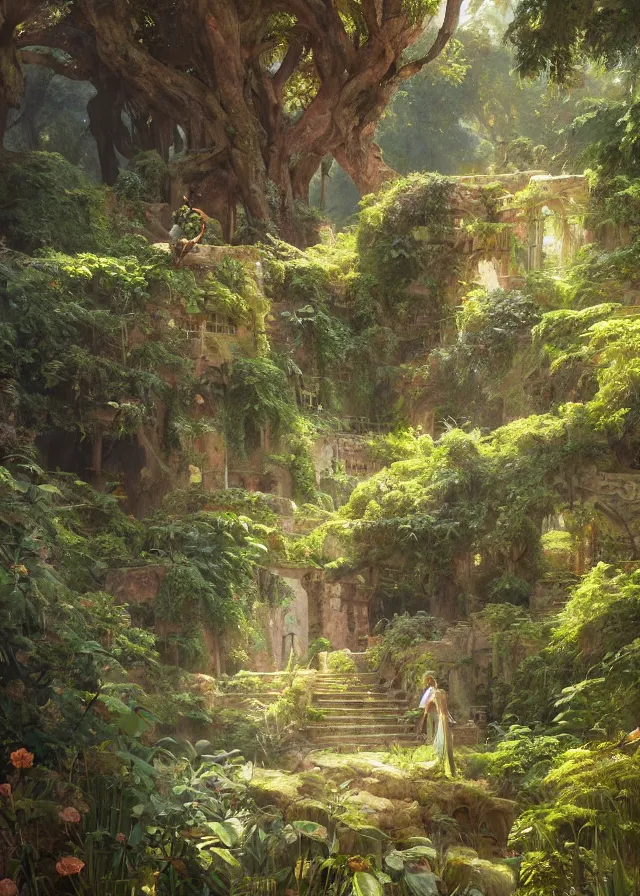 Prompt: overgrown ruins, extremely detailed oil painting, unreal 5 render, rhads, sargent and leyendecker, savrasov levitan polenov, bruce pennington, studio ghibli, tim hildebrandt, digital art, landscape painting, octane render, beautiful composition, trending on artstation, award winning photograph, masterpiece