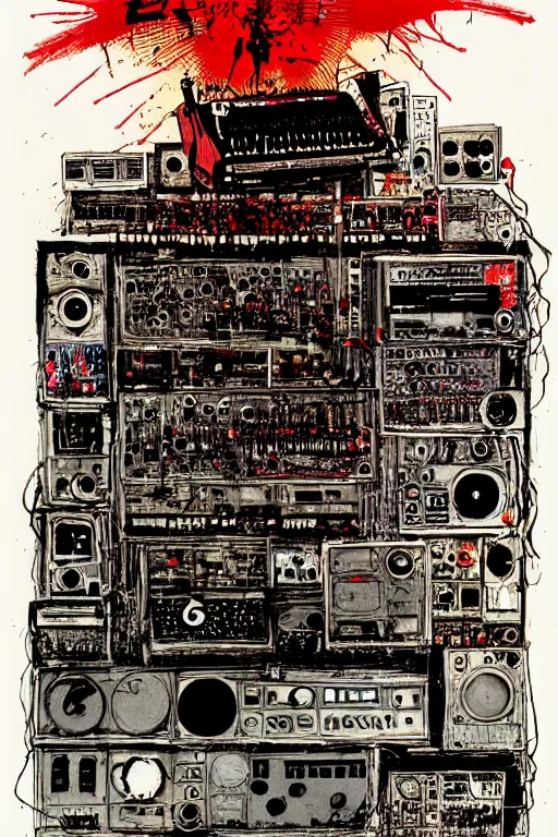 Prompt: synthesizer from hell by ralph steadman