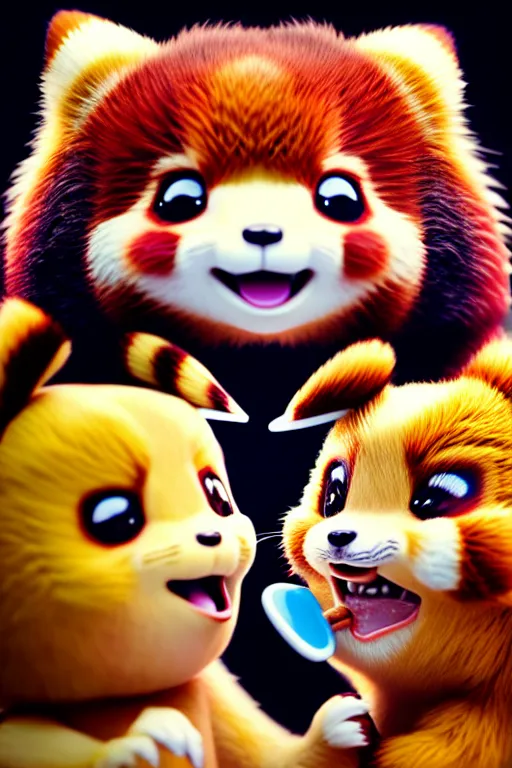 Image similar to high quality 3 d render hyperrealist very cute lowbrow happy red panda & hedgehog hybrid eating ice cream, vray smooth, detective pikachu, very dramatic light, low angle, uhd 8 k, shallow depth or field