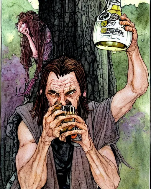 Prompt: a realistic and atmospheric watercolour fantasy character concept art portrait of a sleazy qui - gon jinn drinking out of a bottle with pink eyes wearing a wife beater. by rebecca guay, michael kaluta, charles vess and jean moebius giraud