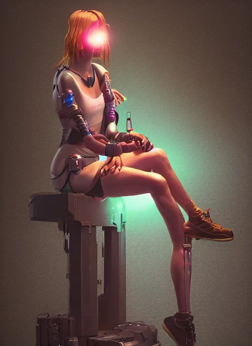 Image similar to a beautiful girl sitting on a stool in a dark room with laser light, cyberpunk, dynamic lighting, high detail, concept art, artstation, zbrush by Paolo Eleuteri Serpieri