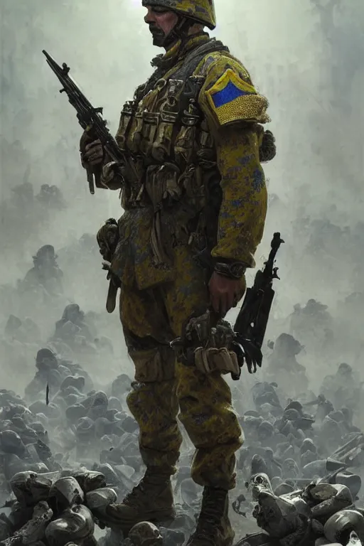 Prompt: a distant shot of a Ukrainian Call of Duty soldier with blue and yellow uniform standing alone on a pile of skulls as a winner, masculine figure, D&D, fantasy, intricate, elegant, highly detailed, extremely detailed, digital painting, artstation, concept art, matte, sharp focus, symmetrical, illustration, art by Artgerm and Greg Rutkowski and Alphonse Mucha