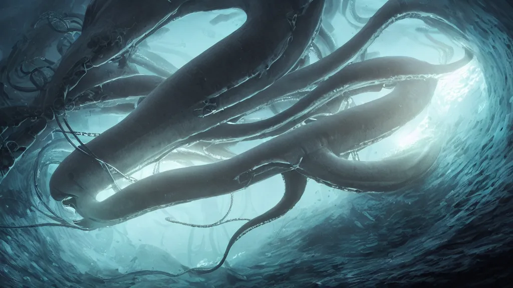 Prompt: a photorealistic hyperrealistic underwater render of a giant squid wraps it ’ s tentacles around a deep sea submersible with bright headlights by greg rutkowski, james paick, wlop, nicolas bouvier sparth, stephan martiniere, dramatic moody lighting, underwater caustics, volumetric, light rays, cinematic atmosphere, octane render, artstation, 8 k