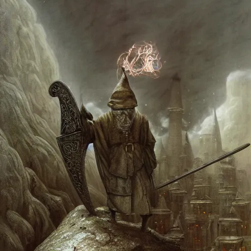 Prompt: gediminas pranckevicius the evil ian mckellen smithing on an anvil as gandalf in a dark viking hood playing odin all father crafting a neural network with golden synapses on an anvil with fire, highly detailed, cinematic shot, cinematic lighting, 8 k, exquisit facial detail, colored painting by gustave dore.