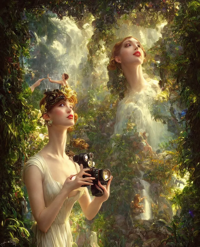 Image similar to hyper realistic photographer looking through a vintage medium format camera, magic pouring from lens, fantasy castle, full body waterfall dress, design on white background, beautiful details, lush foliage cyberpunk, gold, drawn by john singer sargent, tom bagshaw, norman rockwell, alphonso mucha, lolish, trending on artstation