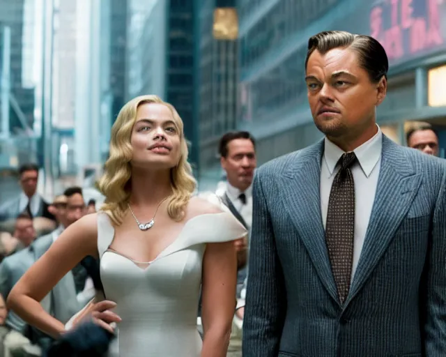 Image similar to leonardo dicaprio as the wolf of wall street standing next to margot robbie, cinamtic, long shot, hyper detailed, 8 5 mm photograph, 8 k resolution, film still, sharp lens, wide lens