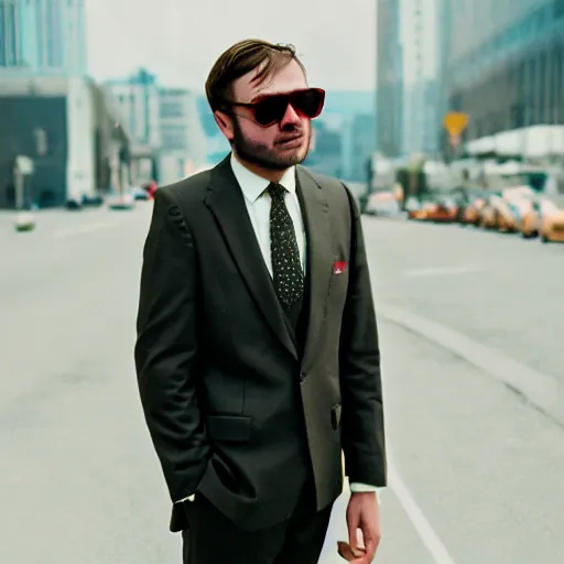 Prompt: grizzly bear with sunglasses wearing a suit with a red tie and has gold accents, cinematic, anamorphic, 8 0 mm f / 2. 8, real, 3 5 mm film, movie